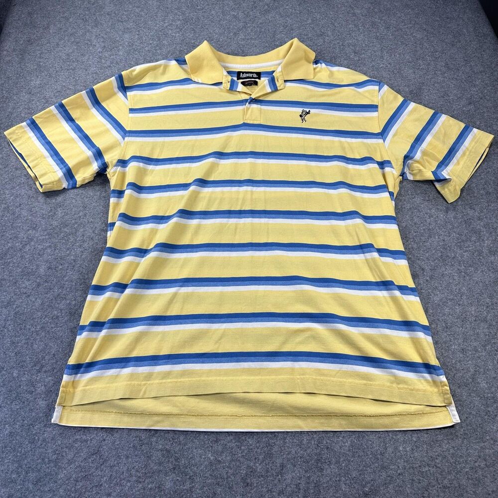 Ashworth EZ-TECH Polo Shirt Mens XL Yellow Blue Stripe Cotton Golf Performance
